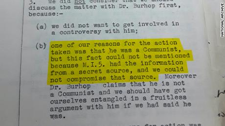 A top-secret British government file on Eric Burhop, recording information from MI5 which said he was a secret Communist. Original image altered for clarity.