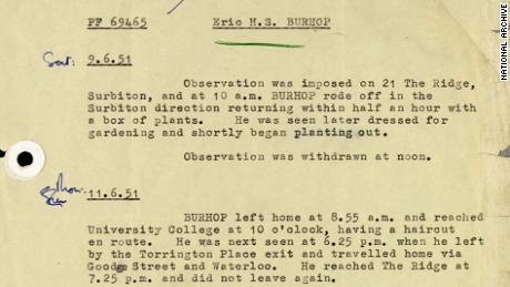 An image showing observations of Eric Burhop while he was under surveillance by MI5 and Special Branch in 1951. 