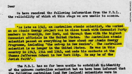 A top-secret British file on Eric Burhop referencing a cable from the FBI on an Australian spy within the Manhattan Project. Original image altered for clarity. 