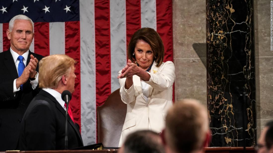 Pelosi and Pence clap during Trump&#39;s State of the Union address in February 2019. Because of the record-long government shutdown, &lt;a href=&quot;https://www.cnn.com/2019/02/05/politics/gallery/state-of-the-union-2019/index.html&quot; target=&quot;_blank&quot;&gt;Trump&#39;s speech&lt;/a&gt; came a week later than originally planned.