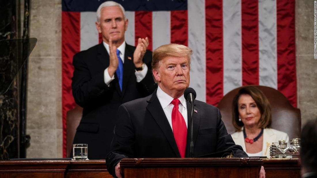WASHINGTON, DC - FEBRUARY 5: U.S. President Donald Trump, with Speaker Nancy Pelosi and Vice President Mike Pence looking on, delivers the State of the Union address in the chamber of the U.S. House of Representatives at the U.S. Capitol Building on February 5, 2019 in Washington, DC. President Trump&#39;s second State of the Union address was postponed one week due to the partial government shutdown. (Photo by Doug Mills-Pool/Getty Images)