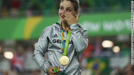 Vogel sheds a tear during her gold medal ceremony at the Rio Olympics in 2016. 