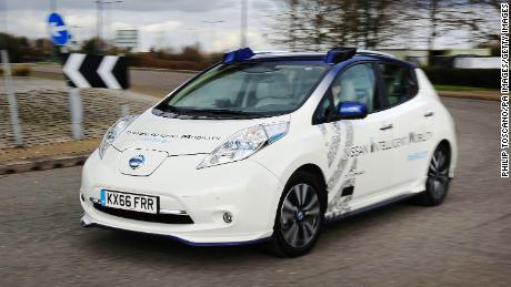 A prototype Nissan Leaf driverless car on a demonstration in London.