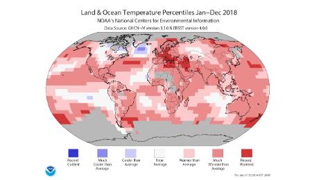 Global average temperature anomaly for 2018, from NOAA. Warmer colors indicate temperatures above average, while cooler colors indicate below average temperatures. 