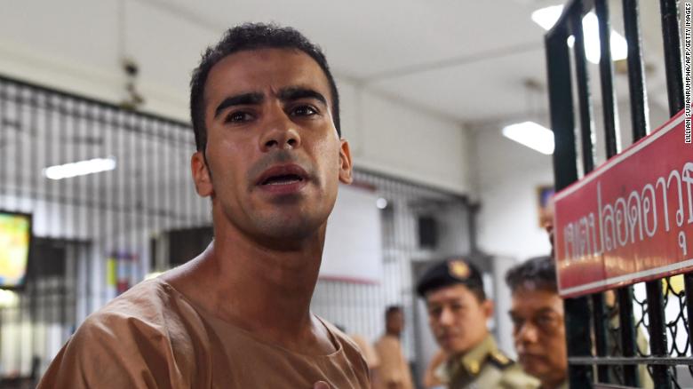 Hakeem Al-Araibi is escorted to a courtroom in Bangkok on February 4, 2019.