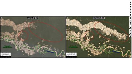 Satellite imagery provided by MAAP shows the growing damage that gold mining has caused between 2017, left, and 2018 in the La Pampa region of Peru.