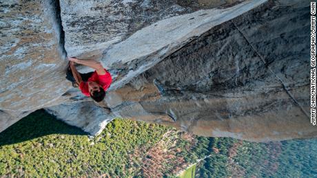 Alex Honnold making the first free solo ascent of El Capitan's Freerider in Yosemite National Park, CA. (National Geographic/Jimmy Chin)