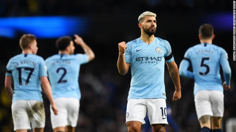 Sergio Aguero celebrates scoring against Chelsea.