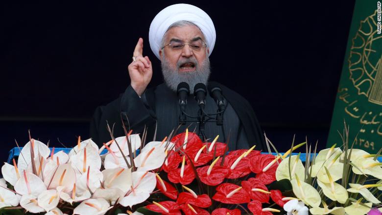 Iranian President Hassan Rouhani speaks during a ceremony celebrating the 40th anniversary of the Islamic Revolution in Azadi Square, Tehran, on February 11, 2019.