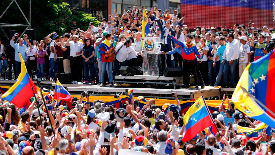 Guaido addresses the crowd in Caracas on February 12.