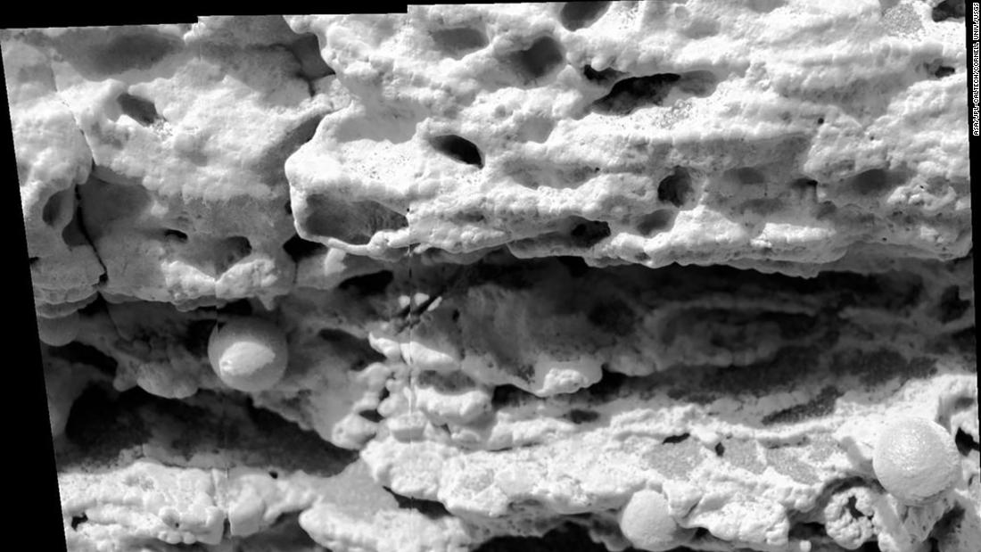 More blueberries! Opportunity took this photo in 2004 of a rock called &quot;Last Chance.&quot; The spherules embedded in the rock reminded the researchers of berries in muffins. The textures in the rock actually helped researchers determine that Mars had wet environmental conditions in the past.