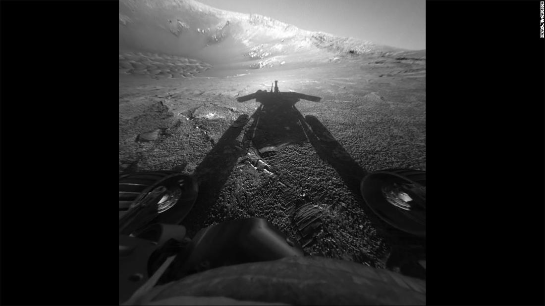 A shadow selfie. On July 26, 2004, the rover took this photo commemorating its 90 days on Mars -- the amount of time the mission was supposed to last. Instead, it continued for 15 years. 