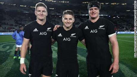 From left to right, Barrett brothers Jordie, Beauden, and Scott after New Zealand&#39;s test match against Samoa in 2017. 