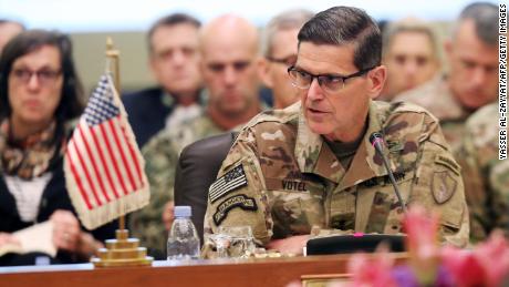Commander of United States Central Command Joseph Leonard Votel (R), speaks during a meeting with the Gulf cooperation council's armed forces chiefs of staff in Kuwait City on September 12, 2018. - Gulf Arab army chiefs, including Qatar's military commander, are meeting with US Central Command officials for talks on defence cooperation. (Photo by Yasser Al-Zayyat / AFP)        (Photo credit should read YASSER AL-ZAYYAT/AFP/Getty Images)