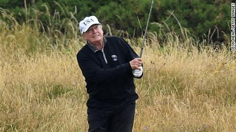 U.S. President Donald Trump plays a round of golf at Trump Turnberry Luxury Collection Resort during the U.S. President's first official visit to the United Kingdom on July 15, 2018 in Turnberry, Scotland. 