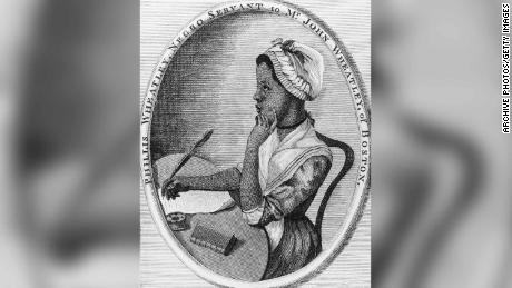 Phillis Wheatley, the first published African-American woman poet, is shown in an engraved portrait. She was once a slave in Boston.