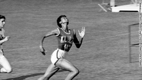 Black track star Wilma Rudolph, 20, lunging across the finish line as she wins 100-meter dash in 11 seconds, to win one of her 3 gold medals at the 1960 Summer Olympics. (Photo by Mark Kauffman/The LIFE Picture Collection/Getty Images)