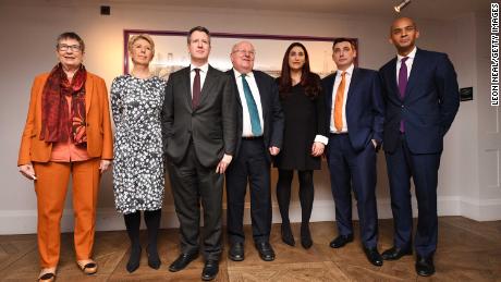 (L-R) Labour MP&#39;s Anne Coffey, Angela Smith, Chris Leslie, Mike Gapes, Luciana Berger, Gavin Shuker and Chuka Umunna announce their resignation from the Labour Party.