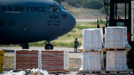 Food and medicine aid for Venezuela is unloaded from a US Air Force C-17 aircraft at Camilo Daza International Airport in Cucuta, Colombia.