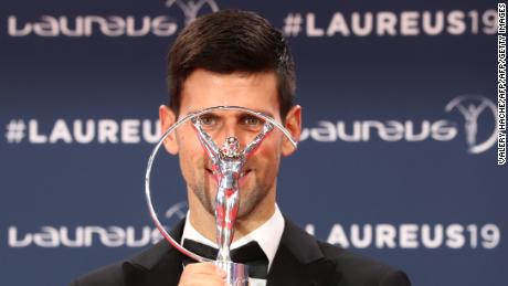 Laureus World Sportsman of The Year 2019 winner Serbia's tennis player Novak Djokovic poses with his award at the 2019 Laureus World Sports Awards ceremony at the Sporting Monte-Carlo complex in Monaco on February 18, 2019. (Photo by Valery HACHE / AFP)        (Photo credit should read VALERY HACHE/AFP/Getty Images)