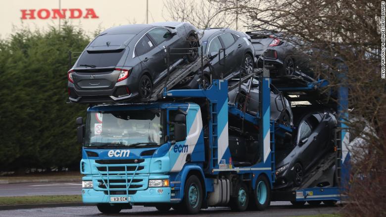 A car transporter at the Honda plant in Swindon.