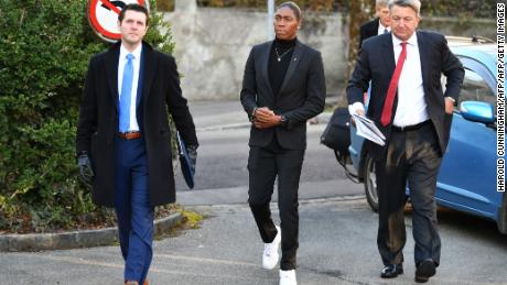 Semenya (center) arrives for a landmark hearing at the Court of Arbitration for Sport (CAS).