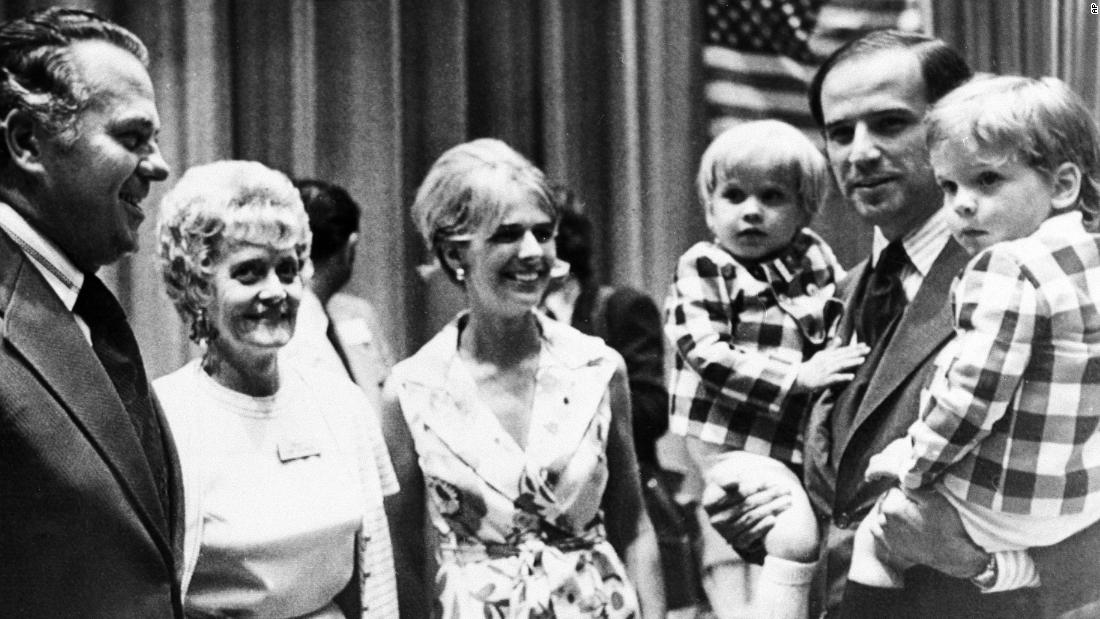 Biden carries his sons Beau, left, and Hunter while attending a Democratic convention in Delaware in 1972. At center is his first wife, Neilia, and on the left are future Gov. Sherman W. Tribbitt and his wife, Jeanne. Biden, a member of the New Castle County Council, was running for one of Delaware&#39;s US Senate seats, and he won that November at the age of 29.