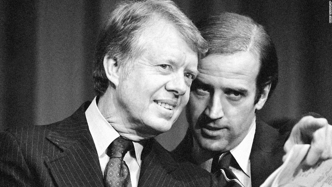 Biden speaks with US President Jimmy Carter at a fundraising event in Delaware in 1978. Later that year, Biden was re-elected to the Senate. He kept getting re-elected until he resigned in 2009 and became Barack Obama&#39;s vice president.