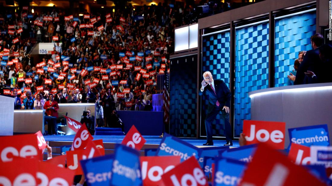 Biden waves to the crowd before speaking at the &lt;a href=&quot;http://www.cnn.com/2016/07/25/politics/gallery/democratic-convention/index.html&quot; target=&quot;_blank&quot;&gt;Democratic National Convention&lt;/a&gt; in July 2016.