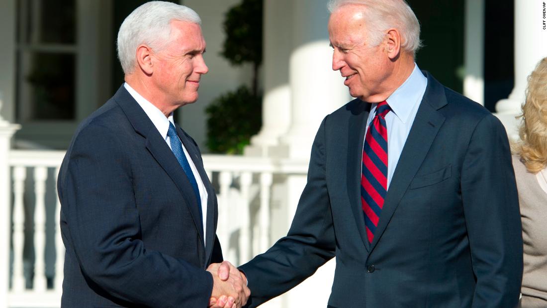 Biden shakes hands with his successor, Mike Pence, after &lt;a href=&quot;http://www.cnn.com/2016/11/16/politics/joe-biden-mike-pence/&quot; target=&quot;_blank&quot;&gt;they had lunch in Washington, DC&lt;/a&gt;, in November 2016.