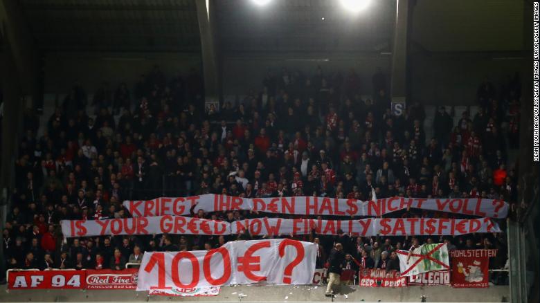 Bayern fans display a banner as they protest against ticket prices during the Champions League  match at Anderlecht in 2017.