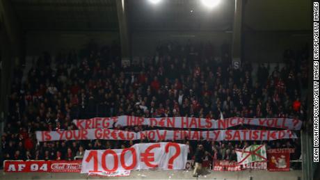 Bayern fans display a banner as they protest against ticket prices during the Champions League match at Anderlecht in 2017.