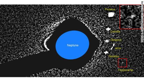 This is the earliest image of Hippocamp, obtained by Hubble. Hippocamp is shown inside the red box, and an enlarged version is inset at upper right.