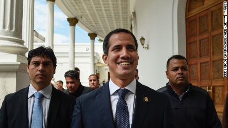 Venezuelan opposition leader and self-declared acting president Juan Guaido leaves the National Assembly in Caracas after attending a meeting with ambassadors.