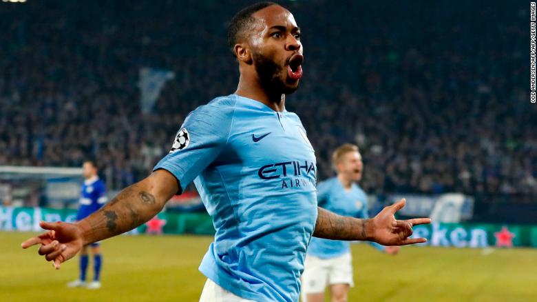 Manchester City's Raheem Sterling celebrates after scoring the winning goal.