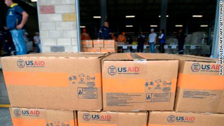 Boxes of US humanitarian aid in Cucuta, Colombia.