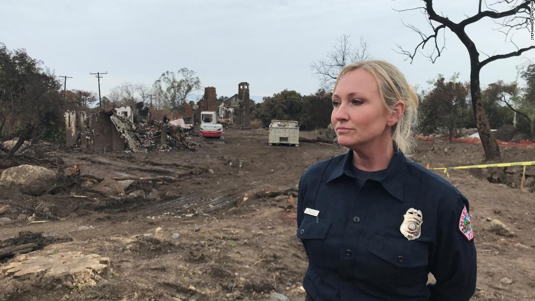 Montecito Fire Department supervisor Maeve Juarez in front of the devastation left behind by a 2018 mudslide.