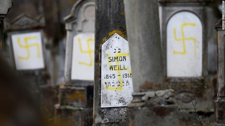 Graves at the Jewish cemetery in Quatzenheim, near Strasbourg, France, have been desecrated with swastikas.