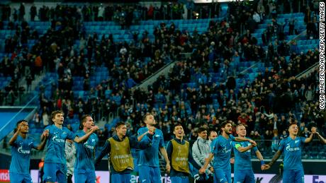 Zenit St. Petersburg&#39;s players celebrate after round-of-32 win. 