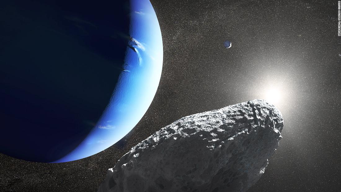This is an artist&#39;s concept of the tiny moon Hippocamp that was discovered by the Hubble Space Telescope. Only 20 miles across, it may actually be a broken-off fragment from a much larger neighboring moon, Proteus, seen as a crescent in the background. 