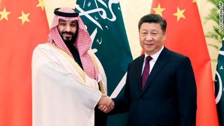 Saudi Crown Prince Mohammad bin Salman, left, with Chinese President Xi Jinping before their meeting at the Great Hall of the People in Beijing.