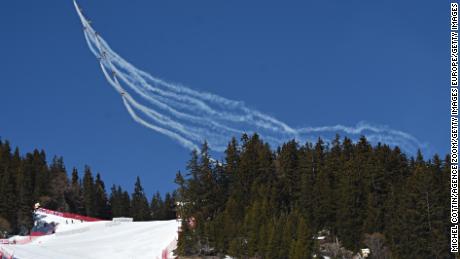 The scene in Crans-Montana on Saturday, with planes flying overhead. 