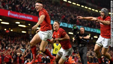 Wales players celebrate in their Six Nations win over England on Saturday. 