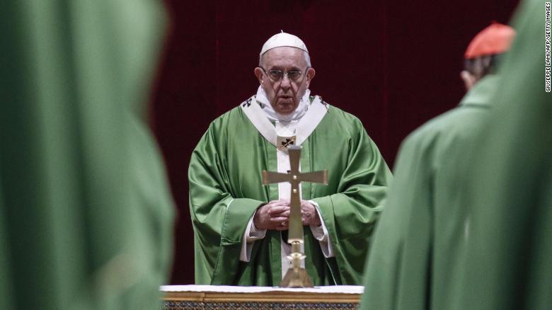 Pope Francis attends a Eucharistic celebration at the Regia Hall of the Apostolic Palace in the Vatican on February 24, 2019, within the fourth and last day of a global child protection summit for reflections on the sex abuse crisis within the Catholic Church. (Photo by GIUSEPPE LAMI / POOL / AFP) (Photo credit should read GIUSEPPE LAMI/AFP/Getty Images)