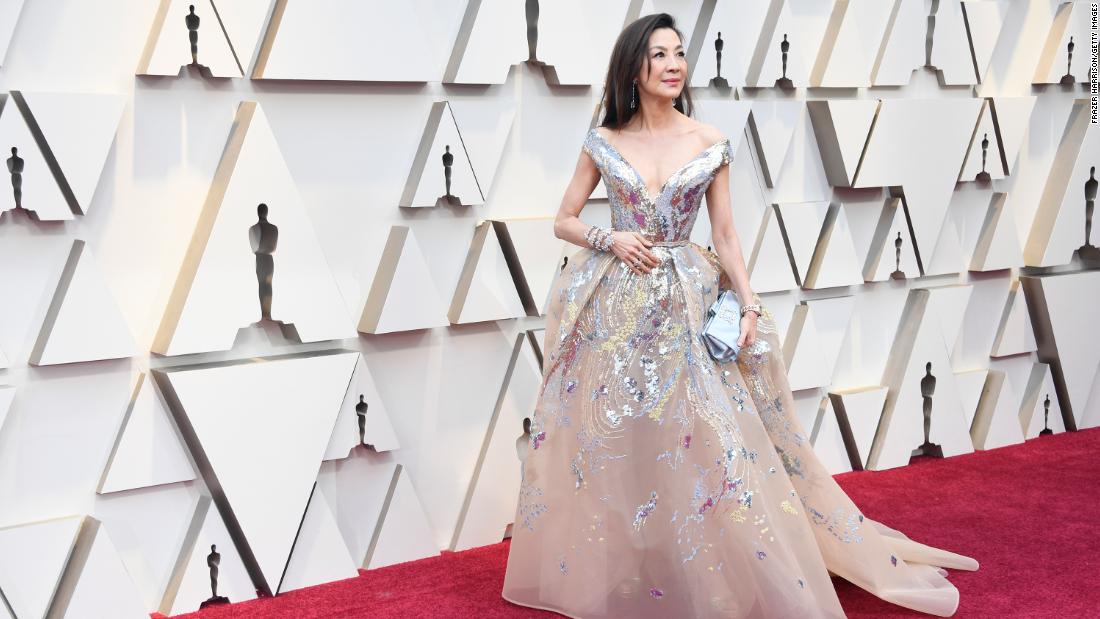 The &quot;Crazy Rich Asians&quot; star Michelle Yeoh has worn Elie Saab to numerous red carpets this year. This time, she paired a shimmery, off-shoulder gown with a showstopping bracelet by Chopard and watch by Richard Mille. 