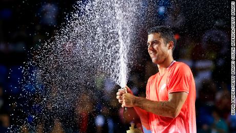 RIO DE JANEIRO, BRAZIL - FEBRUARY 24: Laslo Djere of Serbia celebrates the championship after defeating Felix Auger-Aliassime of Canada at the singles final of the ATP Rio Open 2019 at Jockey Club Brasileiro on February 24, 2019 in Rio de Janeiro, Brazil. (Photo by Buda Mendes/Getty Images)