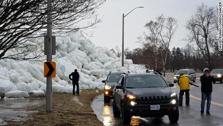 High winds from Lake Erie create a huge wall of ice in Fort Erie, Ontario. Storm chaser David Piano says it was 40 feet tall in some spots on Sunday.