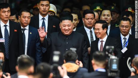 North Korean leader Kim Jong Un waves after arriving in Dong Dang, Lang Son province, on February 26, 2019.