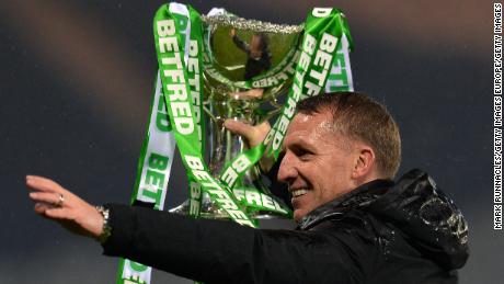 Celtic manager Brendan Rodgers with the League Cup Trophy after winning the 2018 competition.