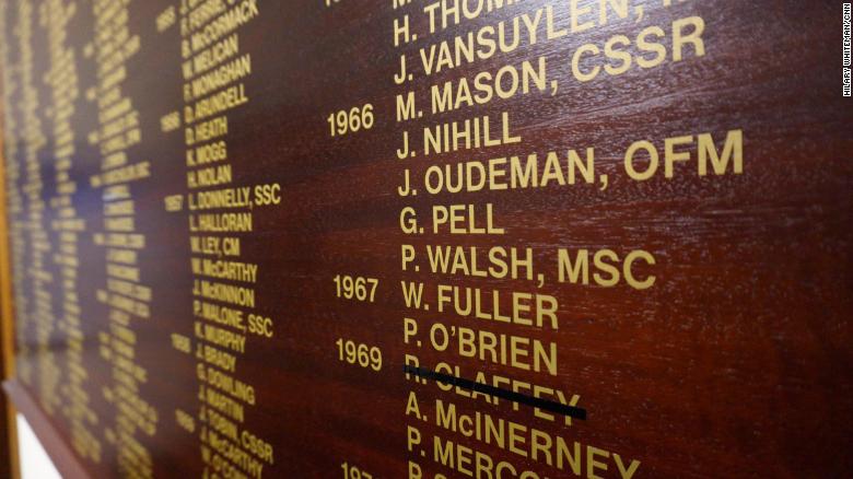 Cardinal George Pell&#39;s name on the honor boards of his old school in Ballarat, St Patrick&#39;s College. It will be struck off with a black line following his conviction.